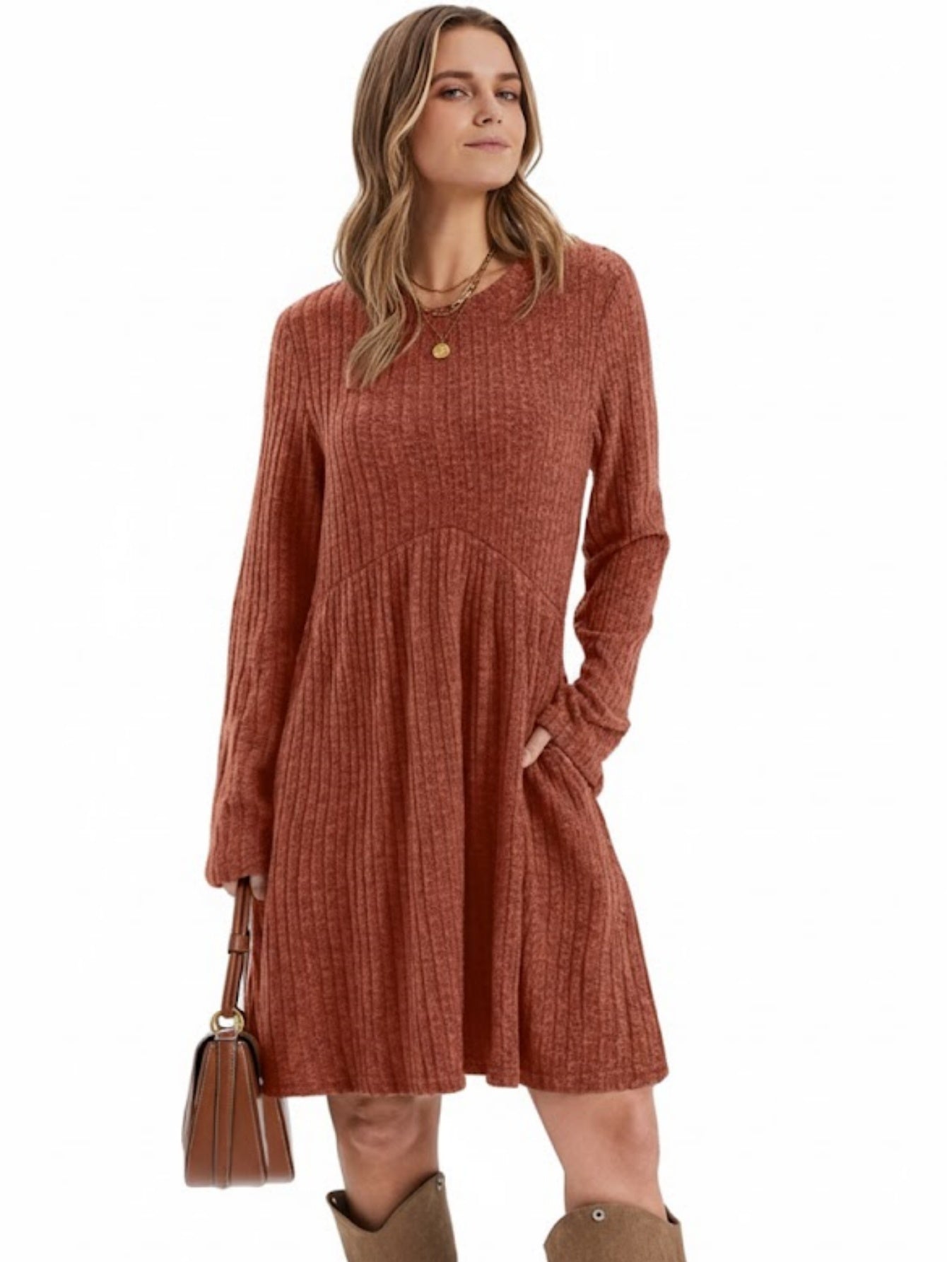 Ribbed Knit A-Line Boho Midi Dress