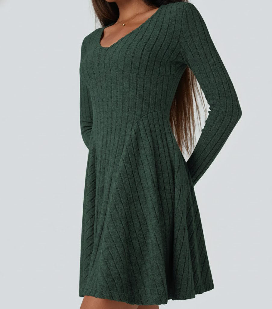 Ribbed Knit V Neck Long Sleeve Flare Casual Dress