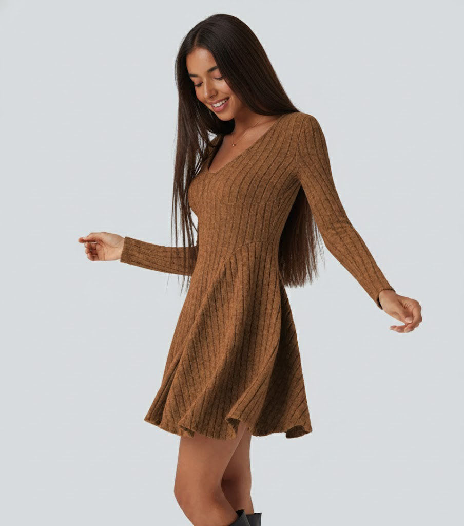 Ribbed Knit V Neck Long Sleeve Flare Casual Dress