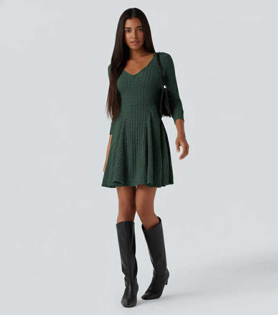 Ribbed Knit V Neck Long Sleeve Flare Casual Dress