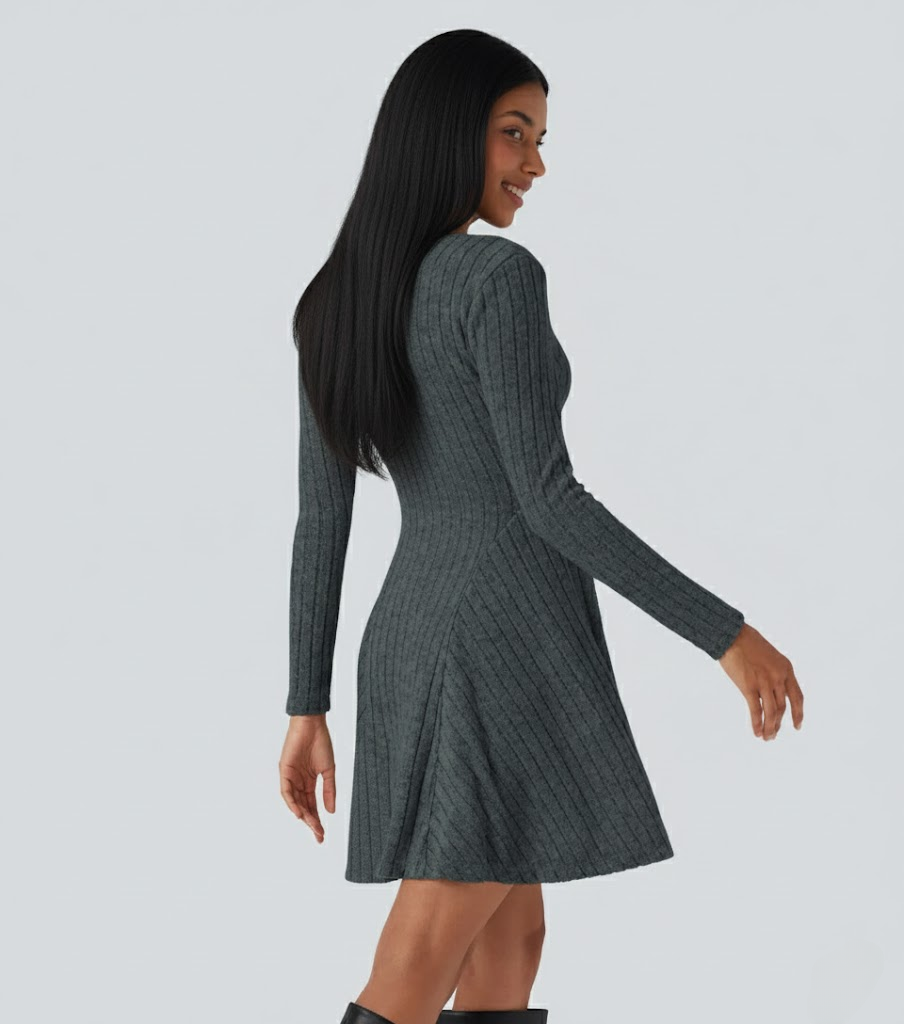 Ribbed Knit V Neck Long Sleeve Flare Casual Dress