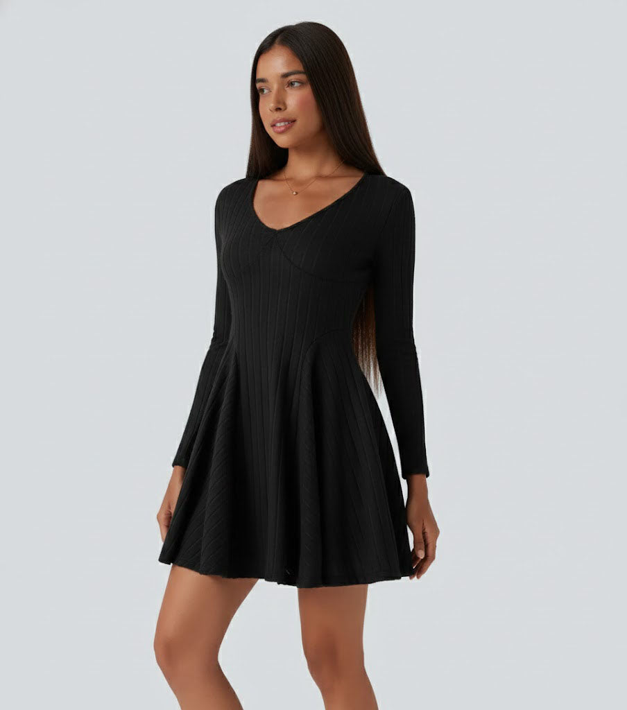 Ribbed Knit V Neck Long Sleeve Flare Casual Dress