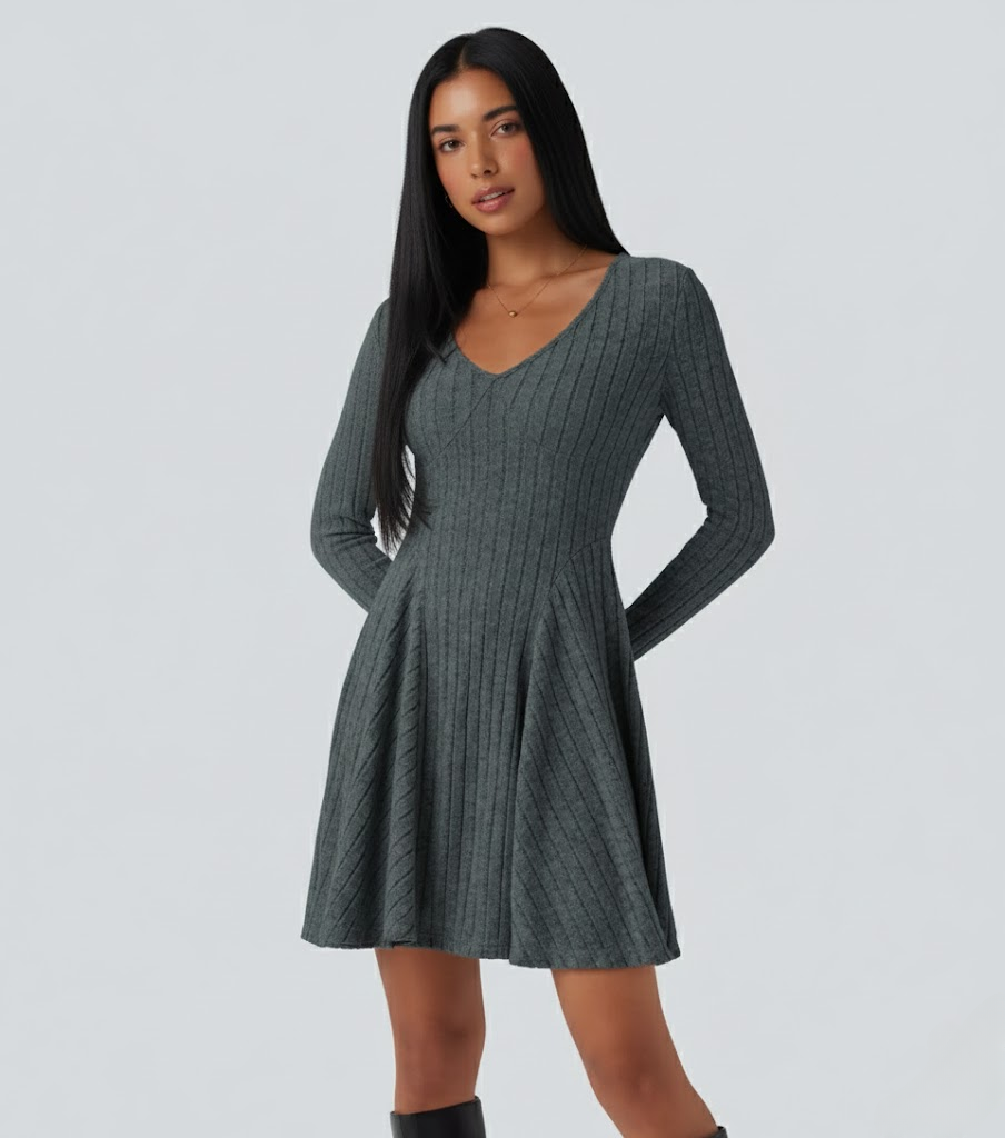 Ribbed Knit V Neck Long Sleeve Flare Casual Dress
