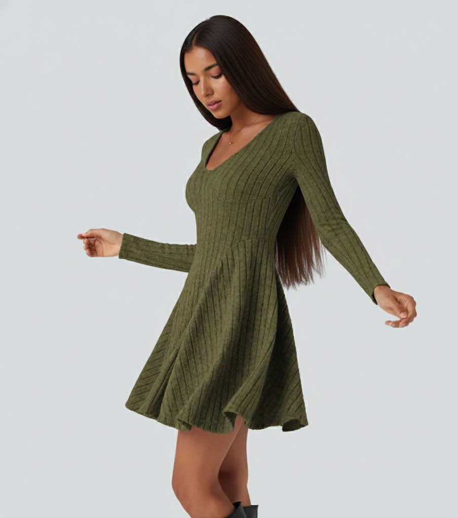 Ribbed Knit V Neck Long Sleeve Flare Casual Dress