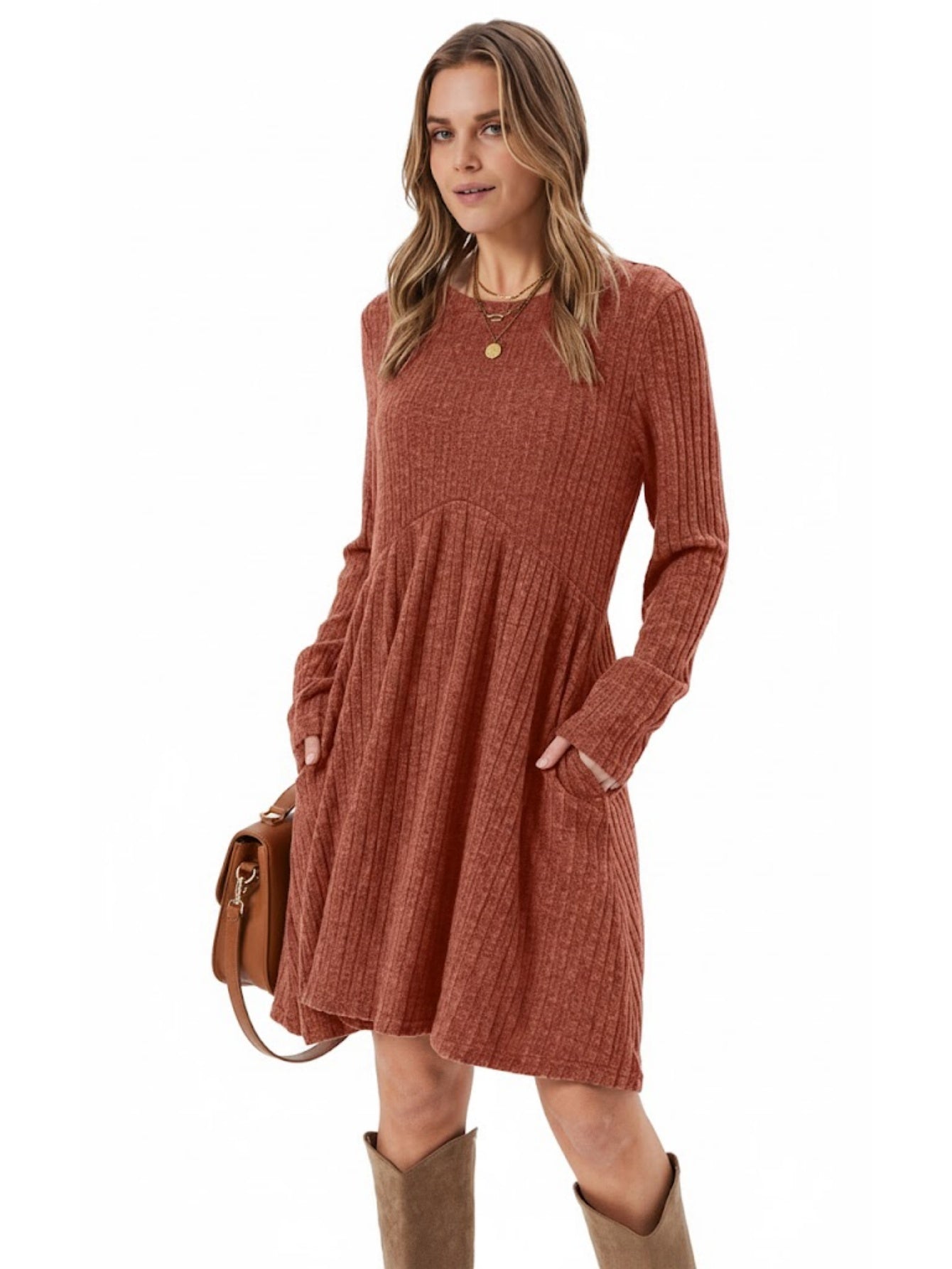 Ribbed Knit A-Line Boho Midi Dress